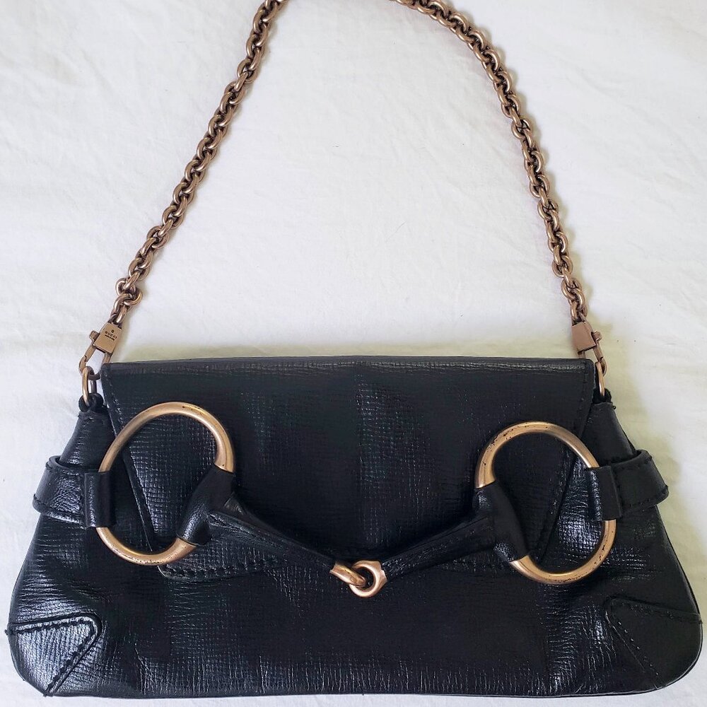 Vintage Gucci Horsebit Black Leather Chain Clutch Purse